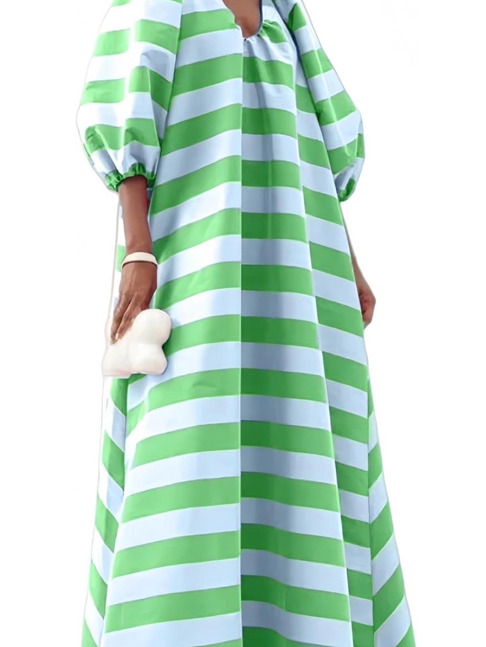 Wide Striped Puff Sleeve Maxi Dress in Green and Light Blue